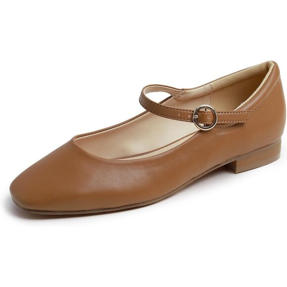 Feversole Shoes - Feversole Women's Maryjane Camel Vegan Leather Synthetic Square Toe Flats